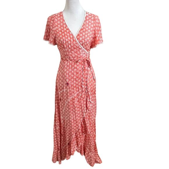 Poupette St Barth Joe Wrap Maxi Dress Orange Floral Women’s Size Small Ruffle - Picture 2 of 10